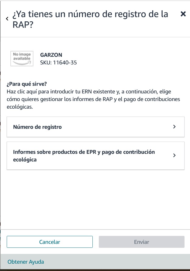 Pantalla con Número de registro e Informes sobre productos EPR