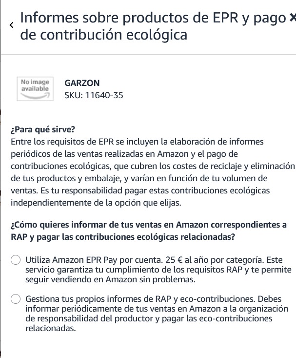 Opciones de Amazon EPR Pay y gestión propia de informes