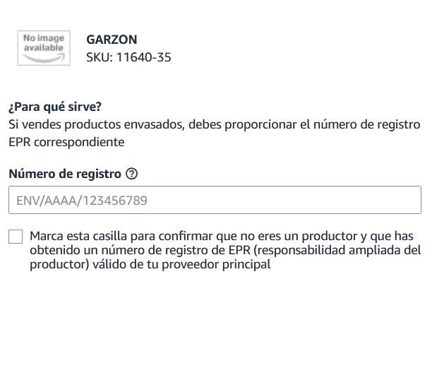 Formulario para introducir el número EPR y marcar la casilla que confirma que no se es productor