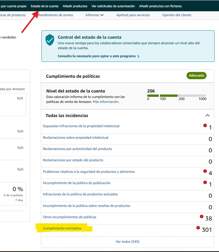 Estado de la cuenta de Seller Central con el último apartado, Cumplimiento normativo, señalado en amarillo